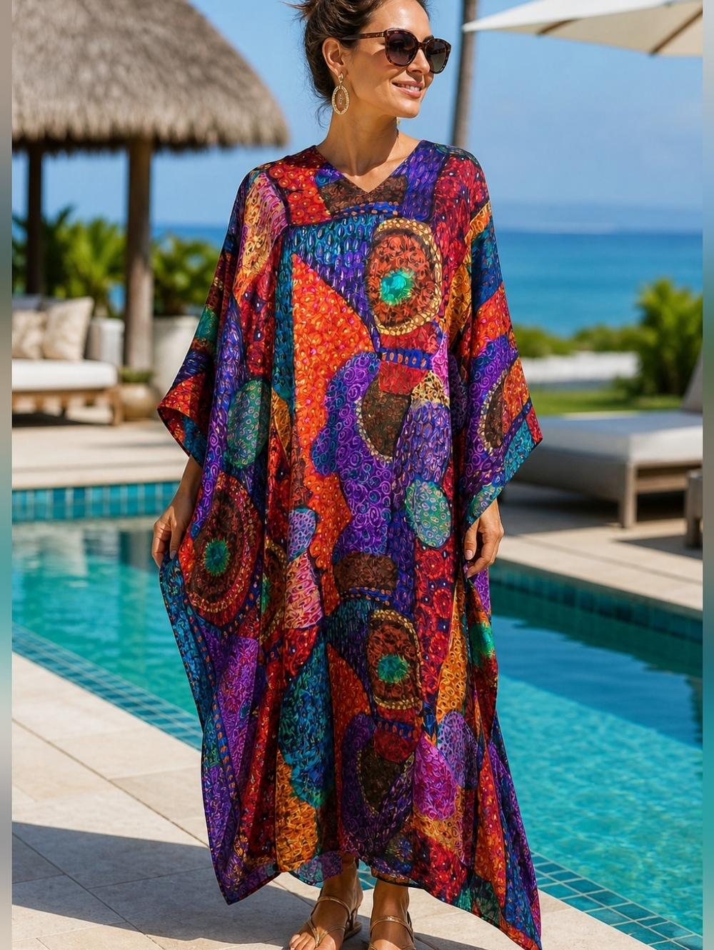 Vintage Ruth Norman Saks Retro Psychedelic Kaftan Boho Maxi Dress Resort Glam